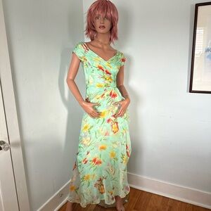 Victor Costa for Nahdree Floral Green Silk Maxi Dress